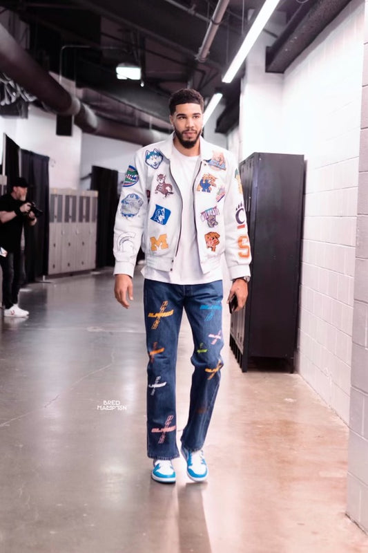 NBA ALL STAR JAYSON TATUM DAWNS A CUSTOM LEATHER JACKET FROM WORLD SERIES COMPANY