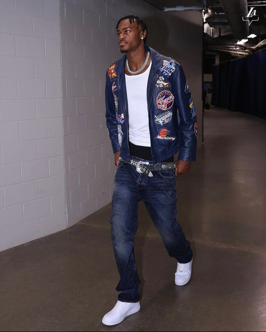 Jarred Vanderbilt wears a custom WNBA leather jacket from Tim Moore of The World Series Company.